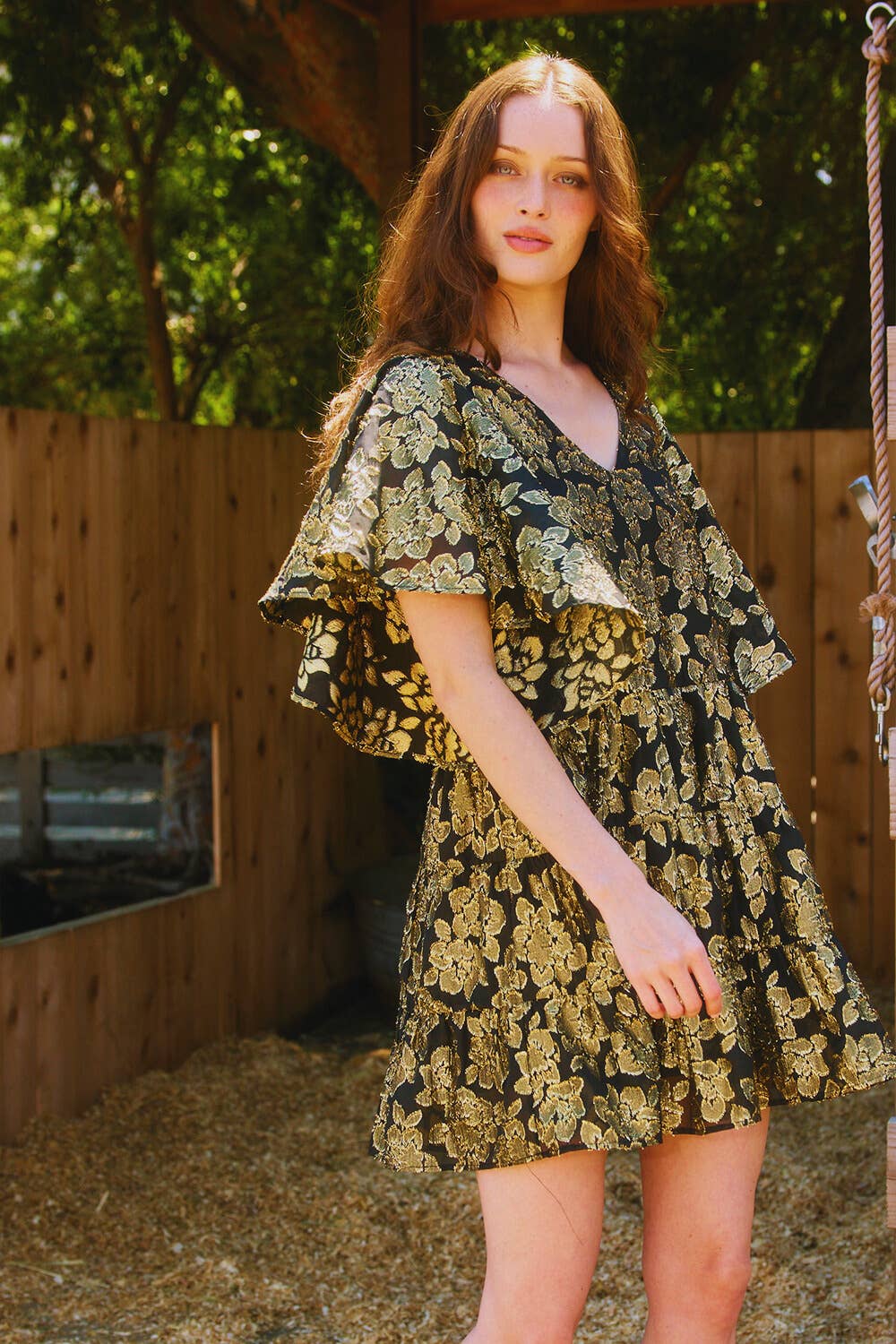 D4426 Black & Gold Floral Print Mini Dress