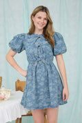 Rose Pattern Front Tie Puff Sleeve Denim Mini Dress