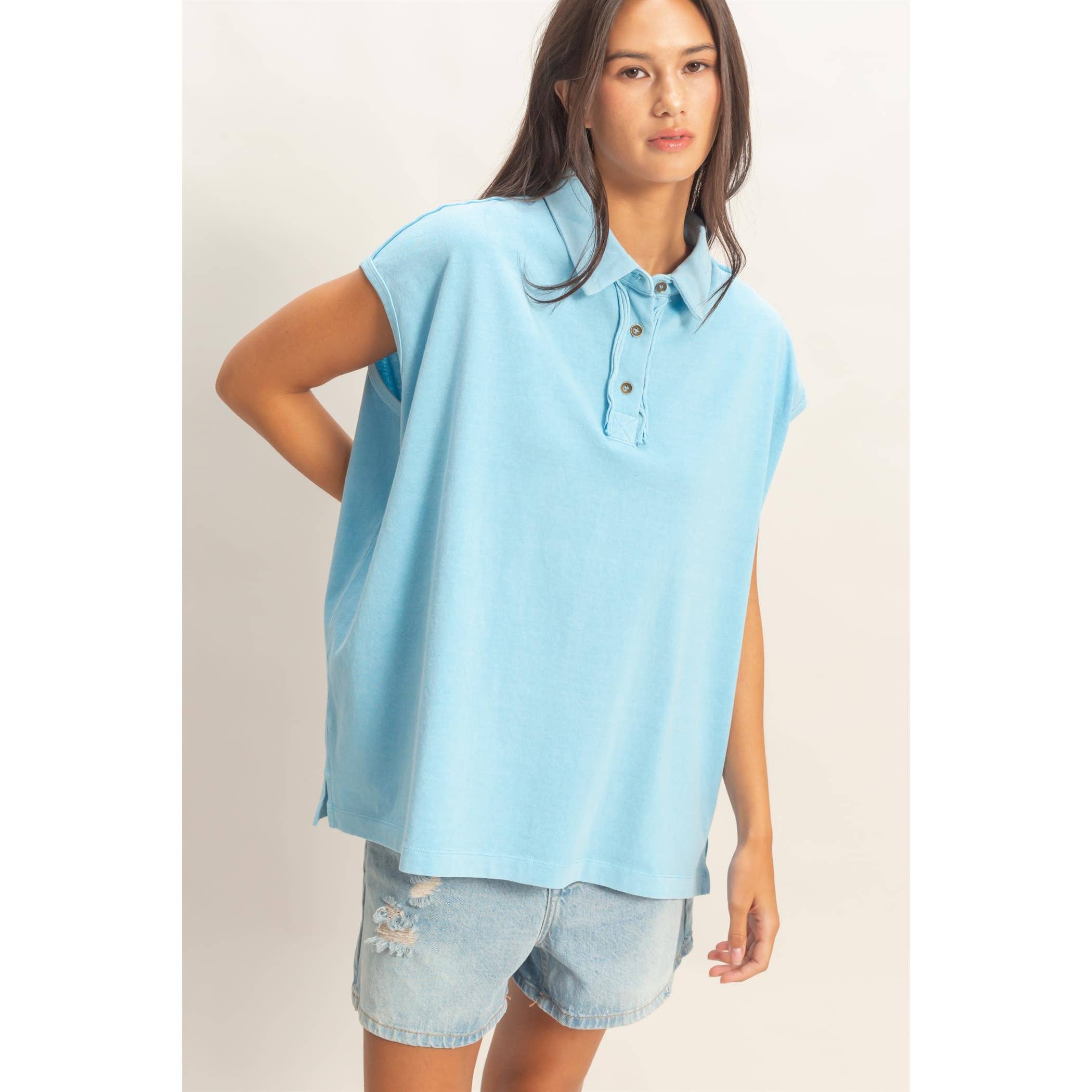 Pigment Dye Sleeveless Polo Oversized Top