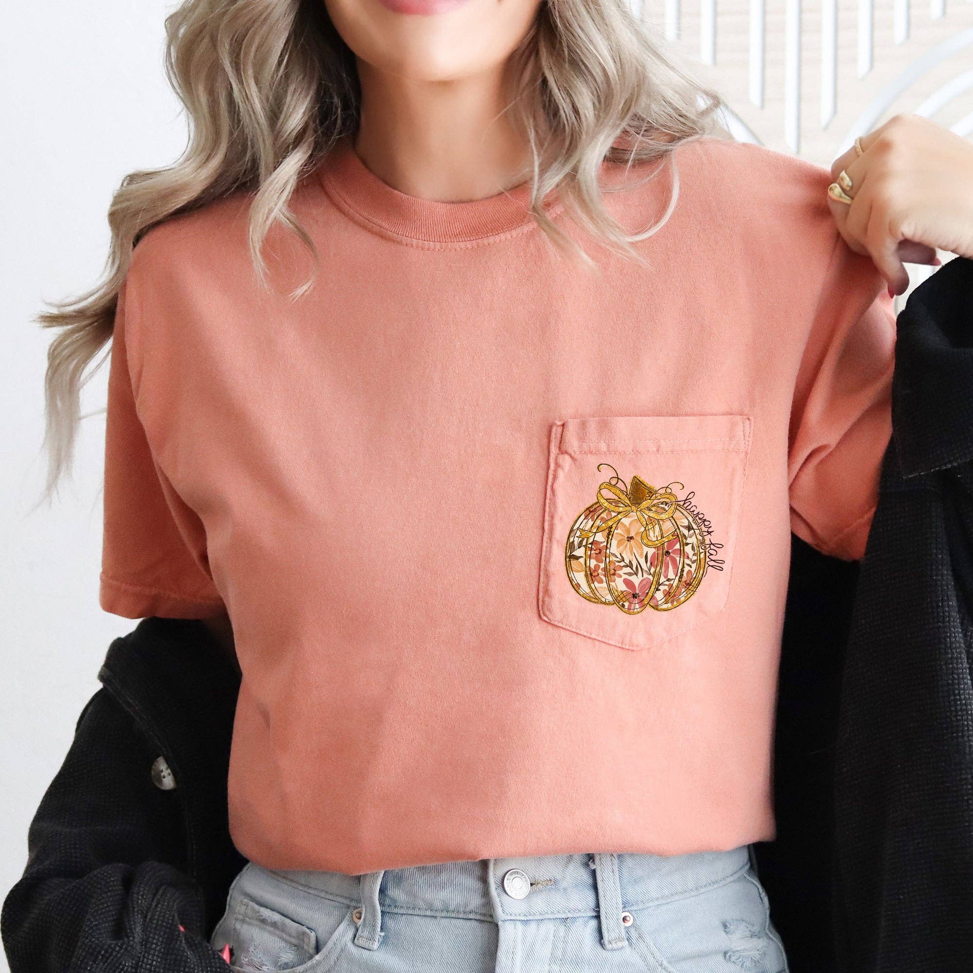 Happy Fall, Pumpkin, Thanksgiving, Flowers, Pocket Tee