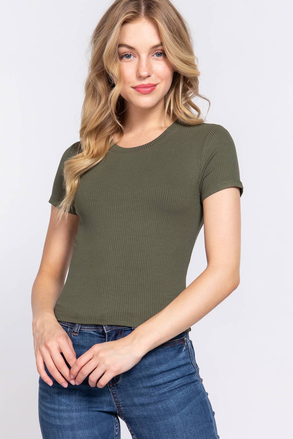 ..SI-21832 Fitted Short Slv Crew Neck Rib Crop Top