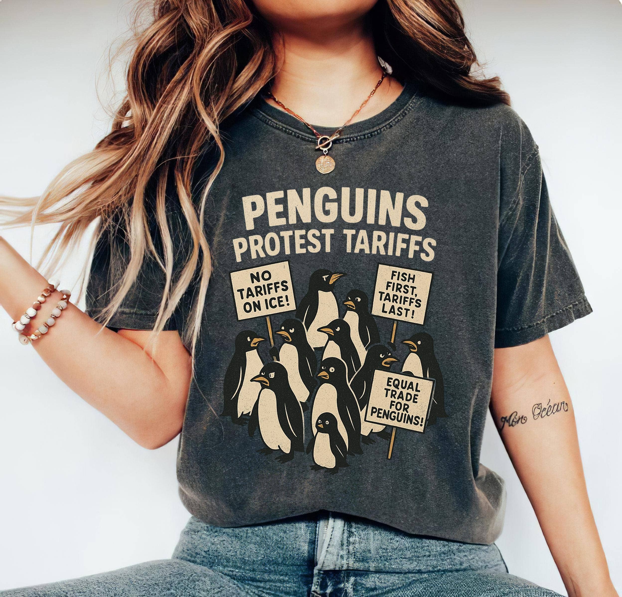Penguins Protest Tariffs Tee, Political Satire Shirt