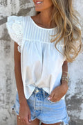 Lace Detail Flutter Sleeve Pleated Round Neck Blouse (S-Xl)
