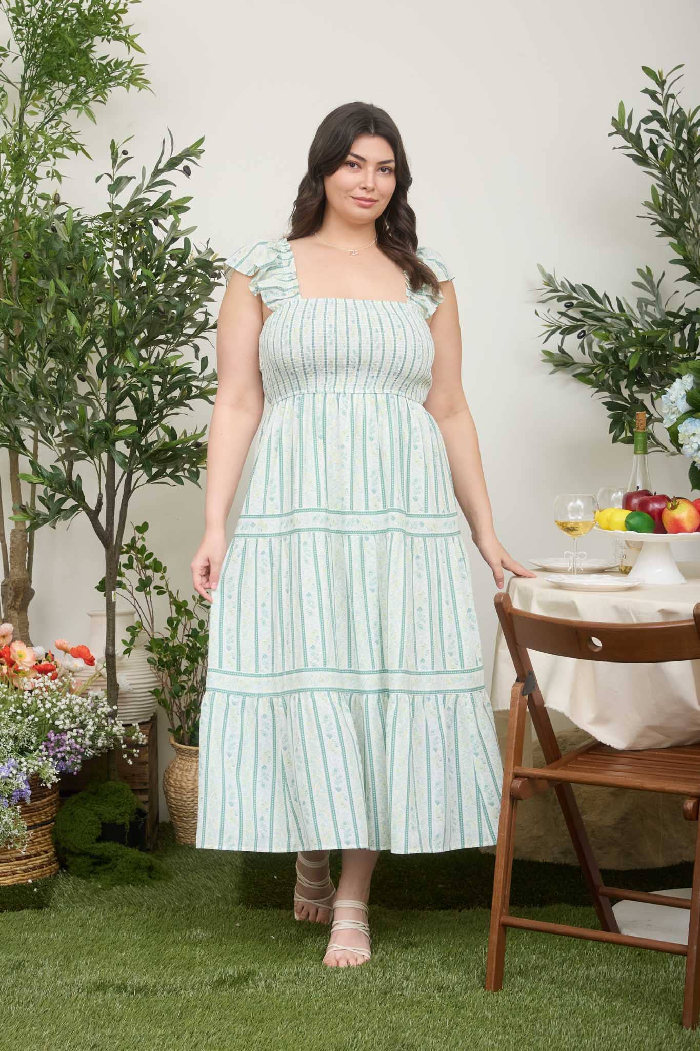 Plus Stripe Floral Smocked Tiered Midi Dress