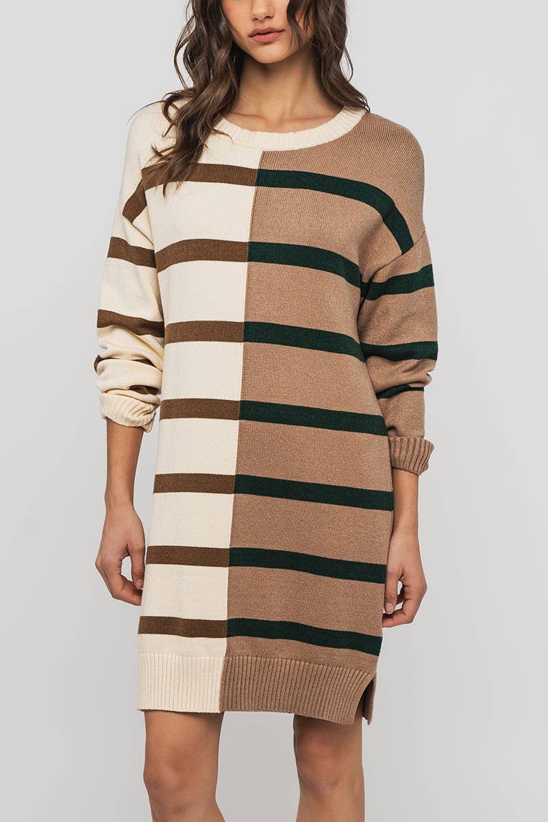 Two-Tone Striped Knit Sweater Dress