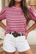 Stripe Short Puff Sleeve Loose Tee (S-Xl)