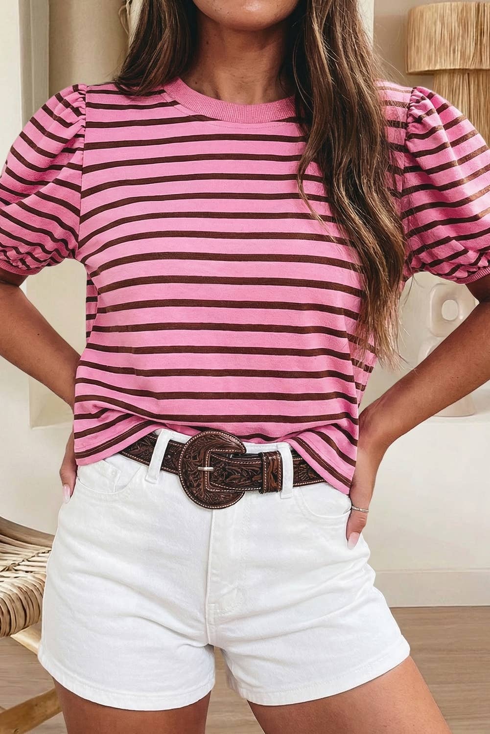 Stripe Short Puff Sleeve Loose Tee (S-Xl)
