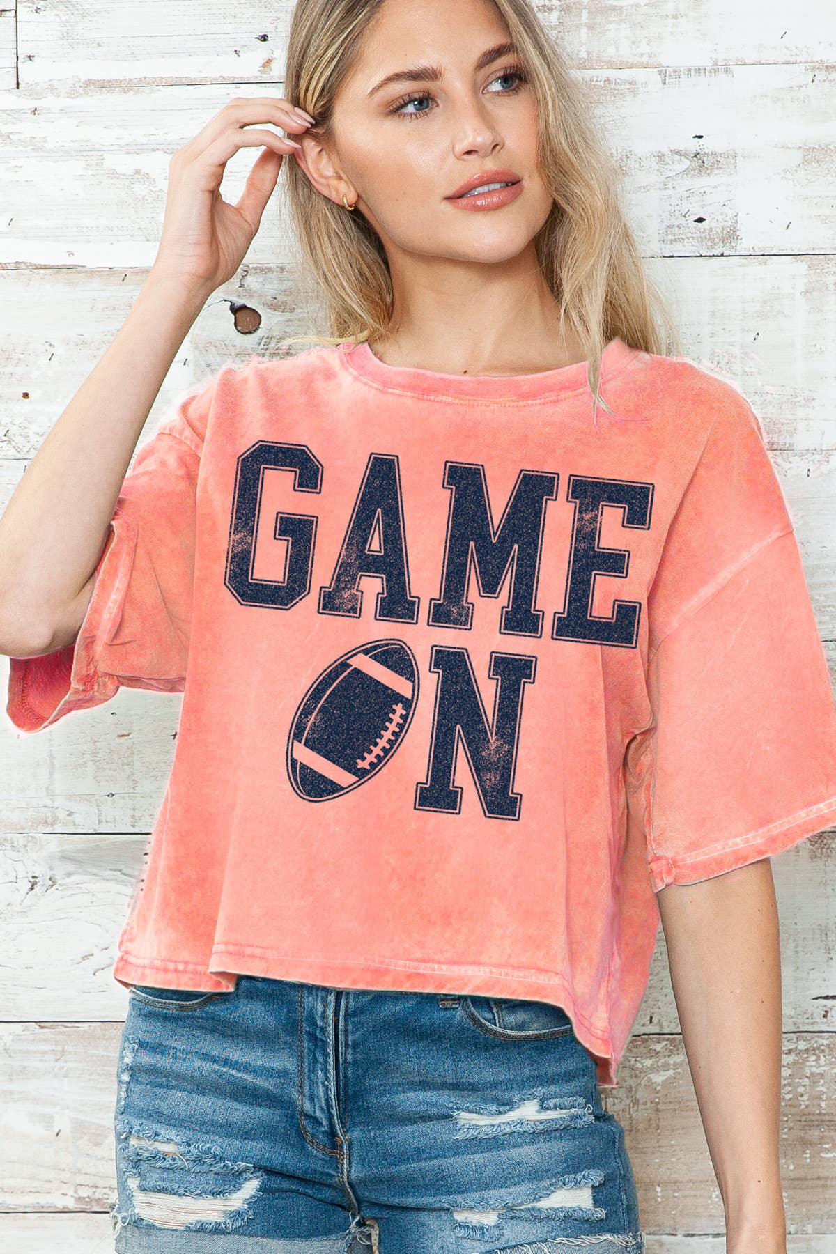 Women Game On Graphic Print Mineral Wash Crop Top