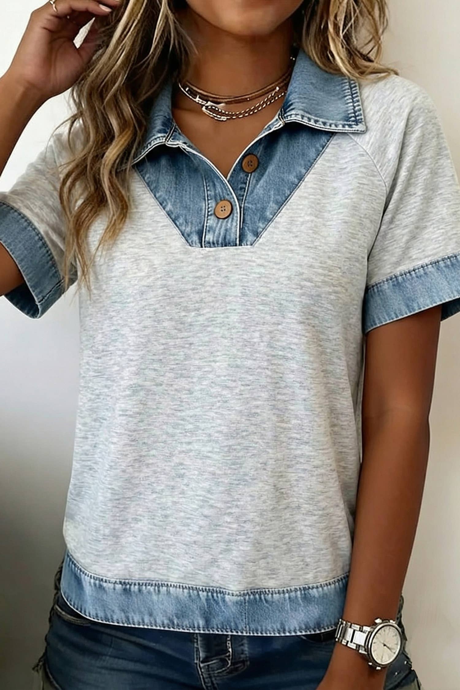 Spring 2026 Contrast Denim Trim V-Neck Polo Blouse (S-Xl)