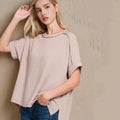 `.Corded Rib  Short Cuff Sleeve Raw Edge Top