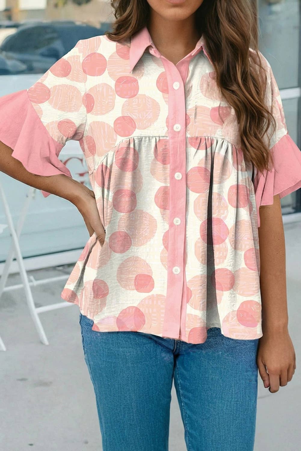Polka Dot Printed Ruffle Trim Babydoll Shirt (S-Xl)
