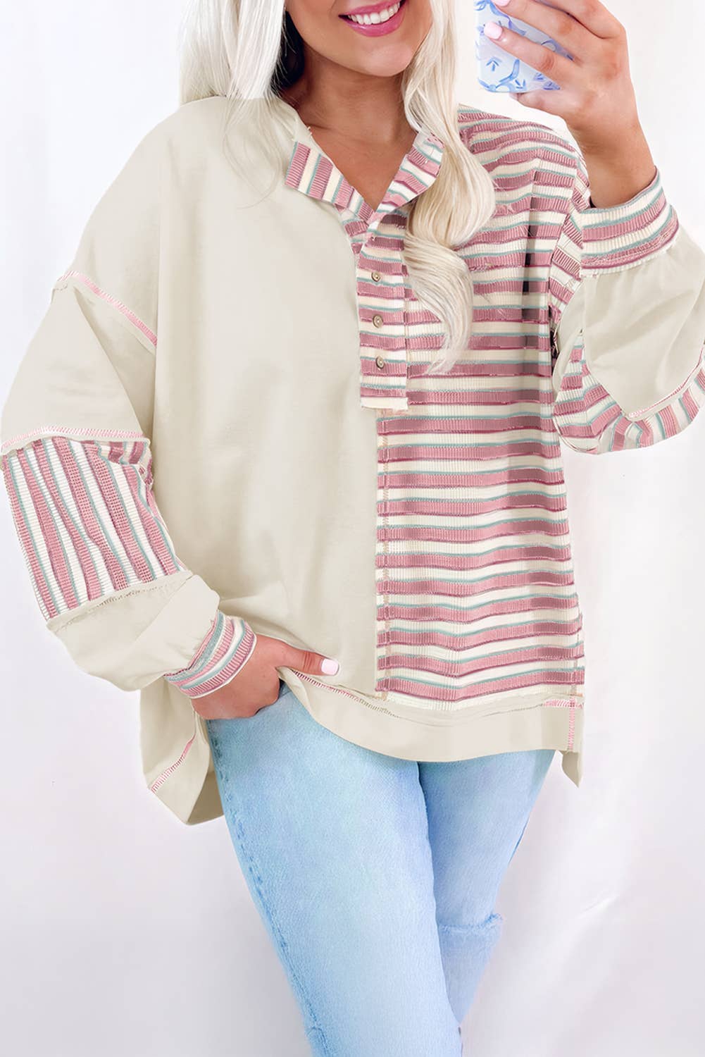 Plus Size Stripe Patchwork Buttoned Drop Pullover Top (S-4X)