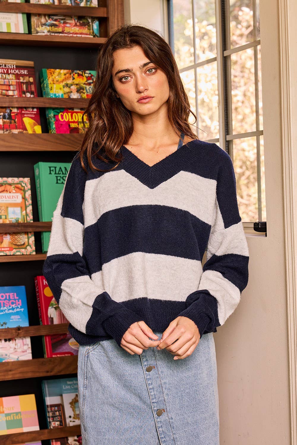 IT2519 Striped Comfy Oversized V-Neck Sweater