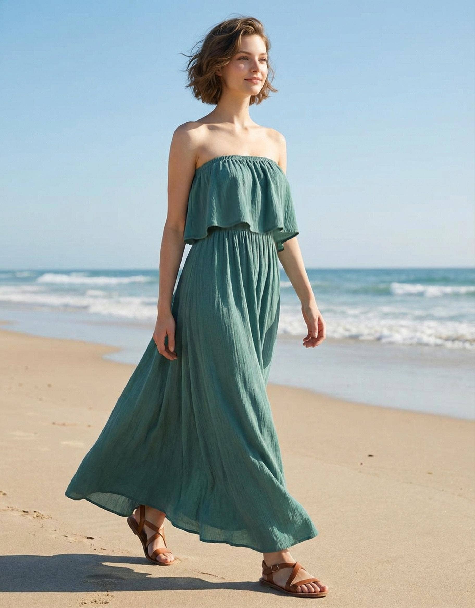 .0223 Woven Crinkle Strapless Maxi Dress SI-29312