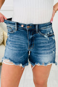 Asymmetric Raw Hem Distressed Whiskery Denim Shorts