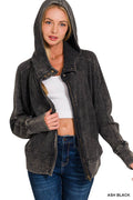 ..SI-25305 Acid Wash Cotton Waffle Hooded Zip-Up Jacket w/ Poc