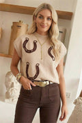 Spring Western Cowgirl Horseshoe Mock Neck Knit Top (S-Xl)