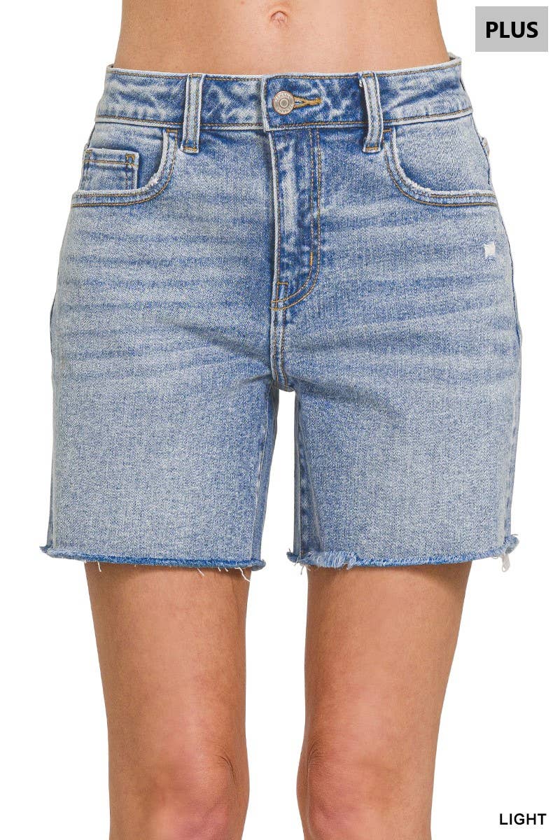 0225 Plus Mid Rise Raw Hem  Denim Shorts SI-29135
