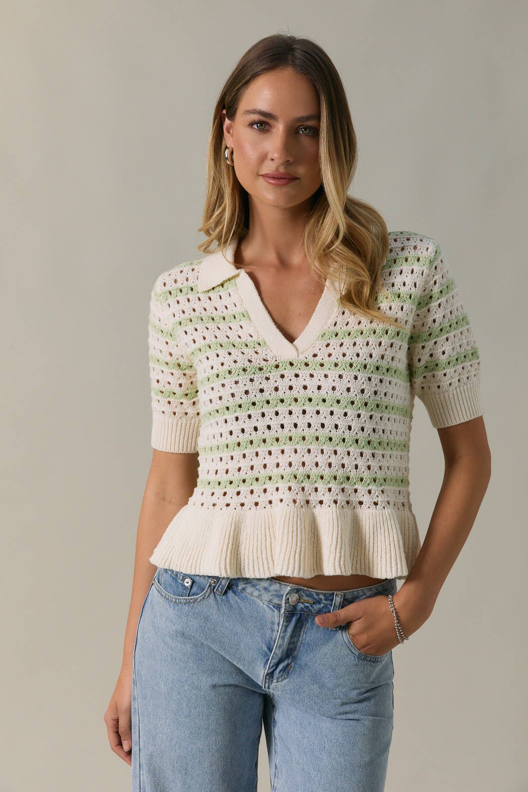 Hale Sleeve Two-Tone Stripe Sweater Knit Polo with Ruffle