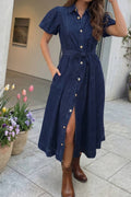 Buttons Collared Short Bubble Sleeve Long Denim Dress (S-Xl)