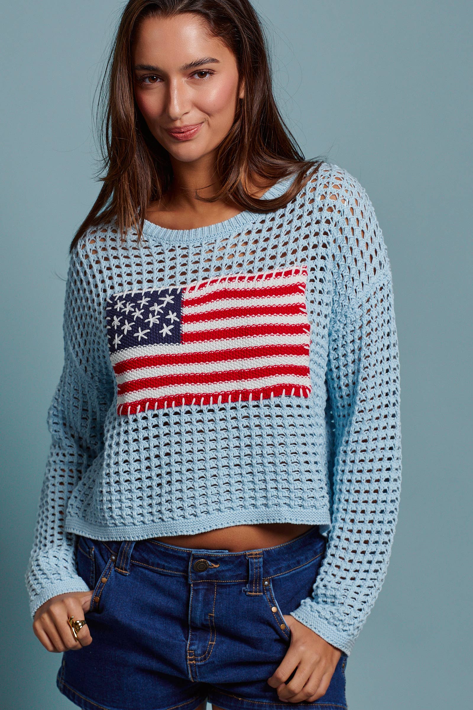 American Flag Patch Open Knit Cotton Sweater