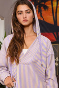 IT2283 V-Neck Rounded Hem Striped Hoodie Top