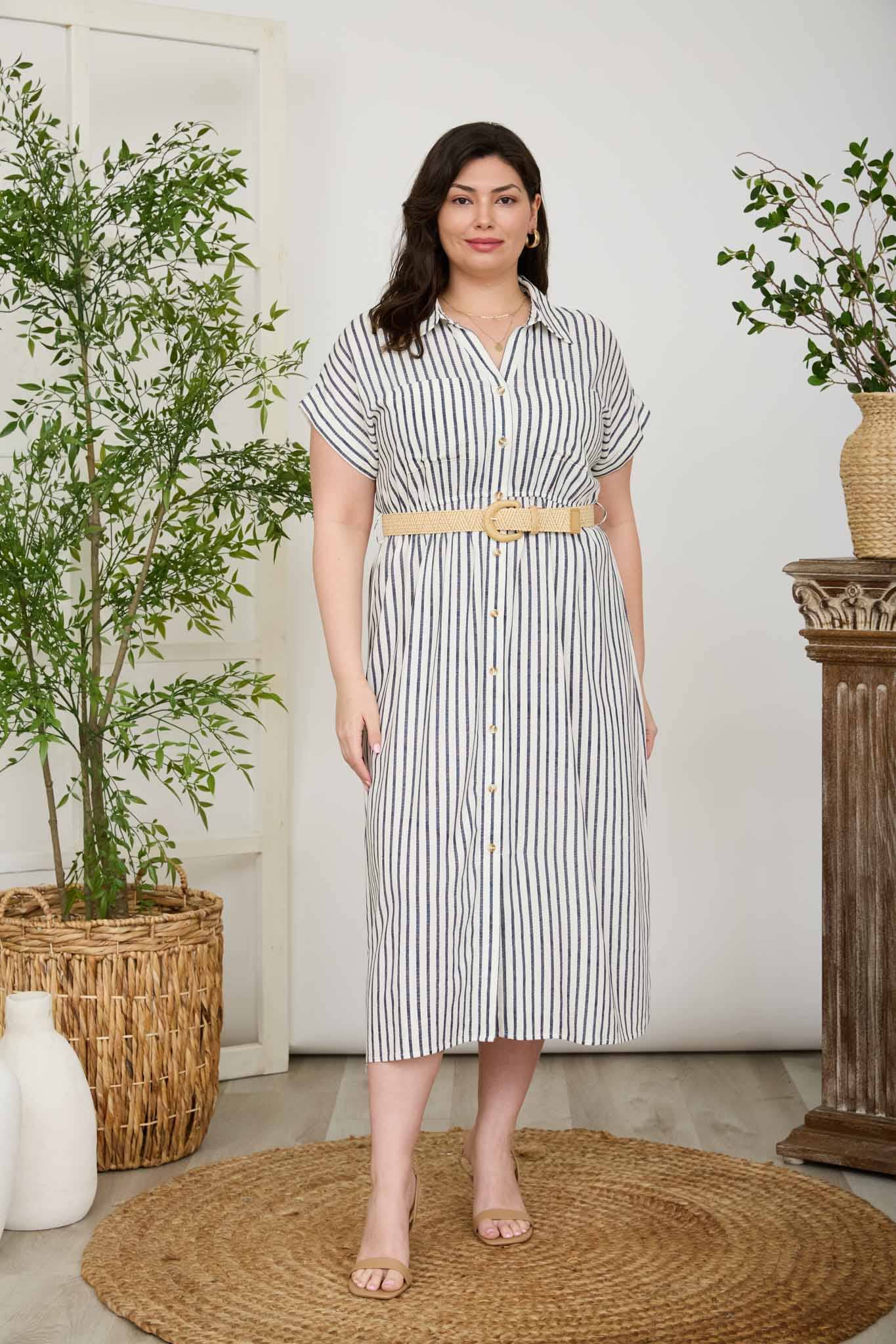 Plus Stripe Collared Short Sleeve Belted Shirt Dress