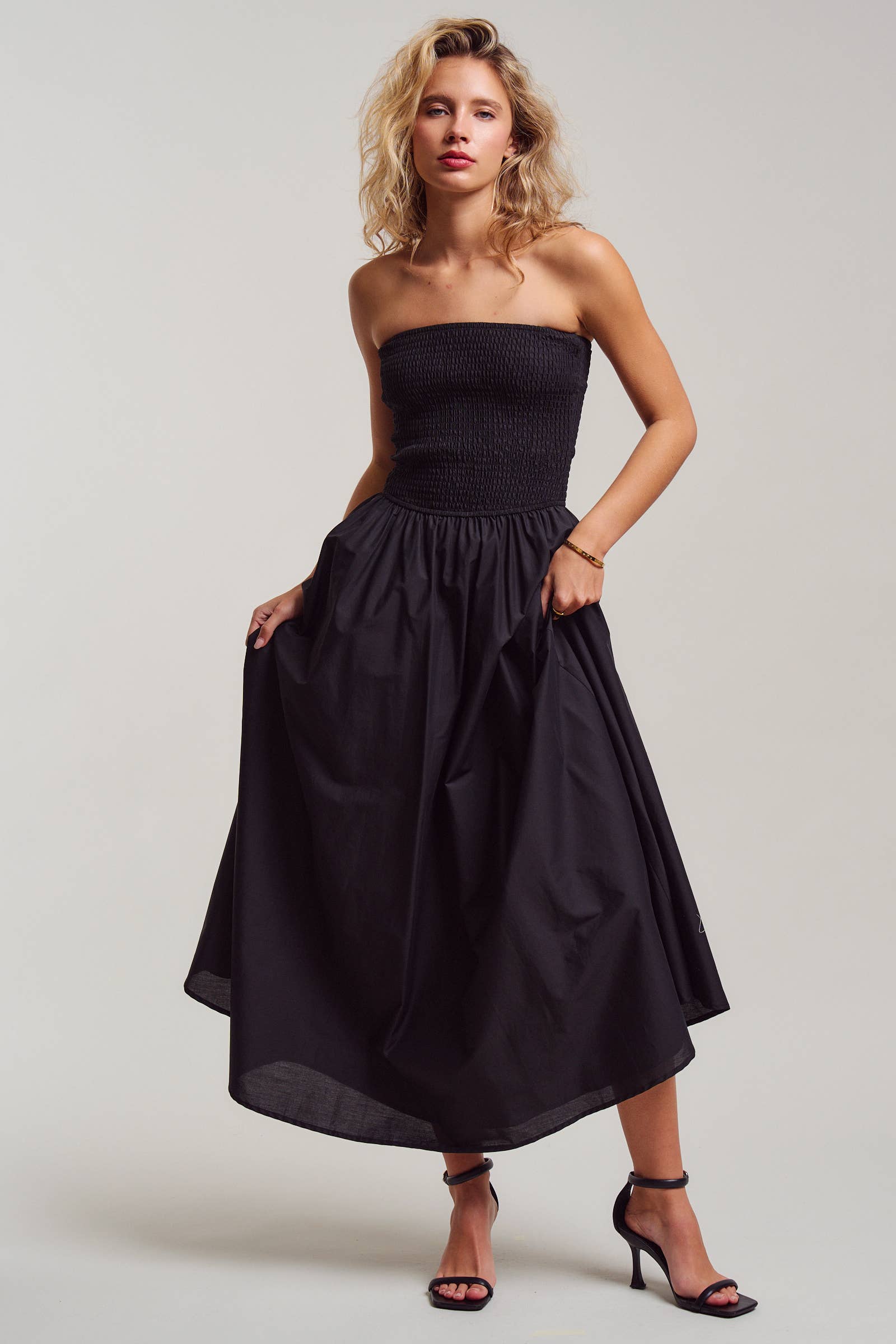 Black Strapless Smocked Cotton Poplin Maxi Dress