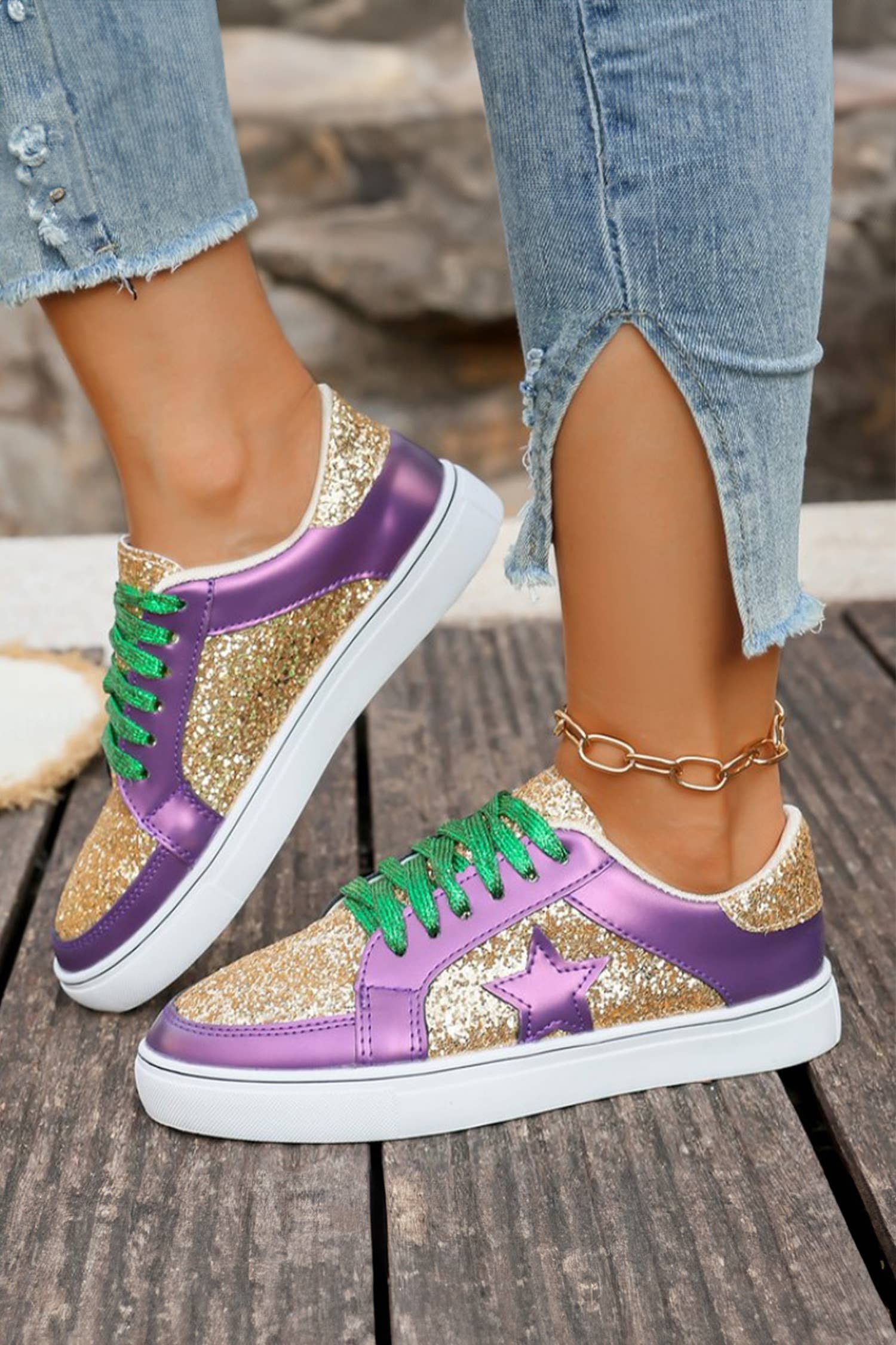 Glitter Star Patchwork Pu Leather Lace-Up Sneakers