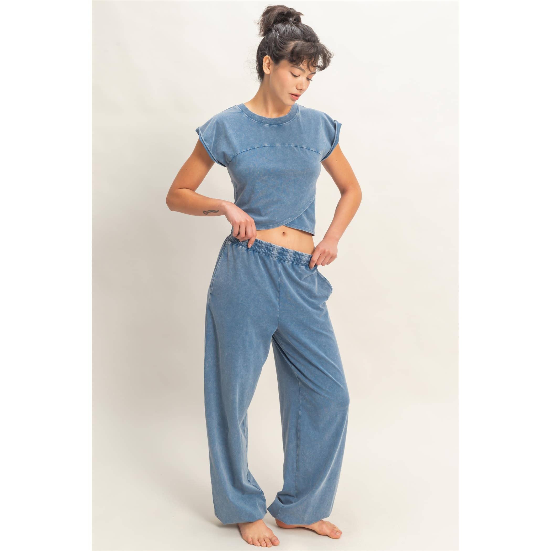 Rolled Sleeve Wrap-Front Crop Top and Jogger Set