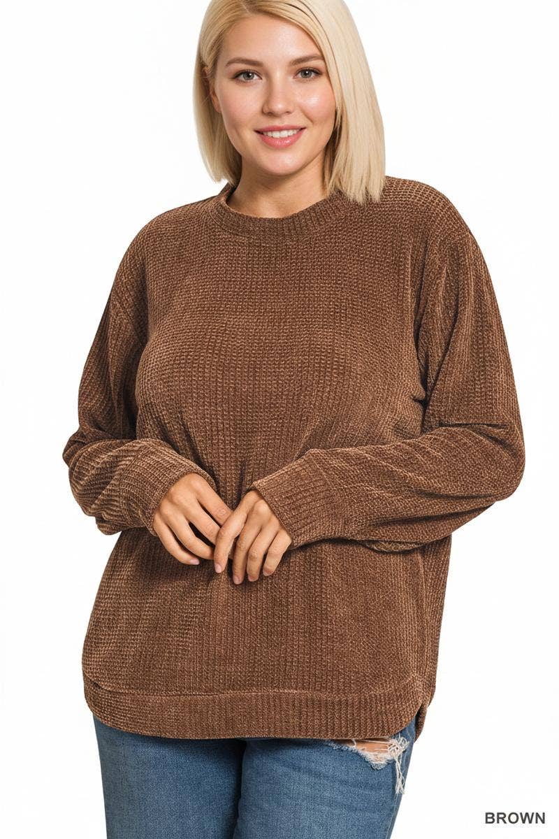 .....1111 Plus Chenille Waffle Round Neck Sweater SI-29049