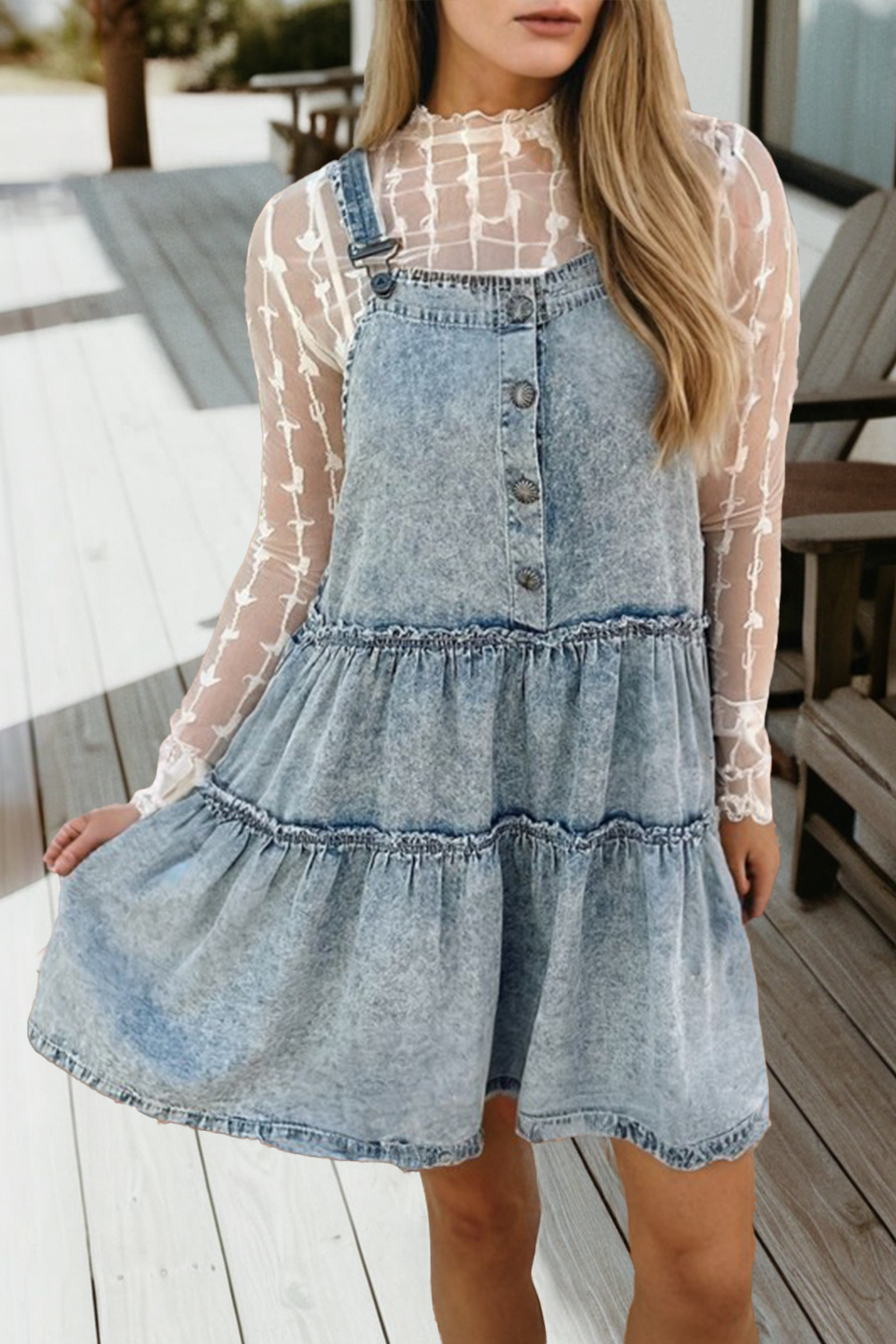 Light Wash Tiered Flowy Overall Denim Dress (S-Xl)