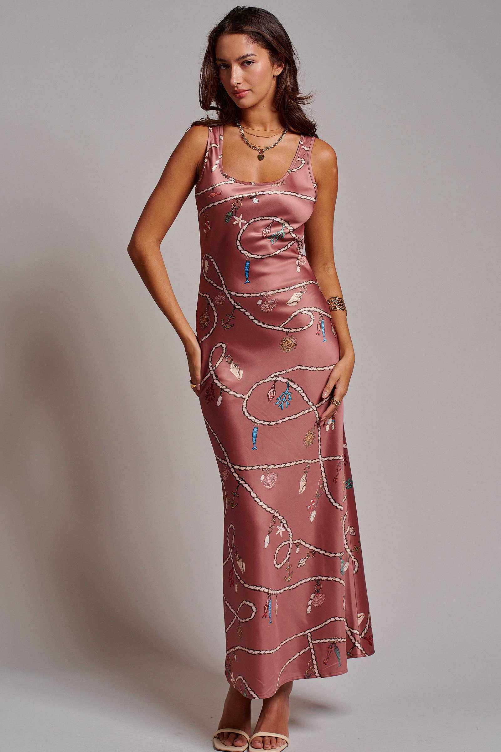 Coastal Rope Print Satin Slip Midi Dress