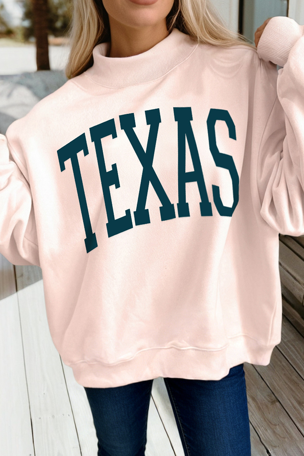 Texas Letter Printed Mock Neck Baggy Sweatshirt (S-Xl)