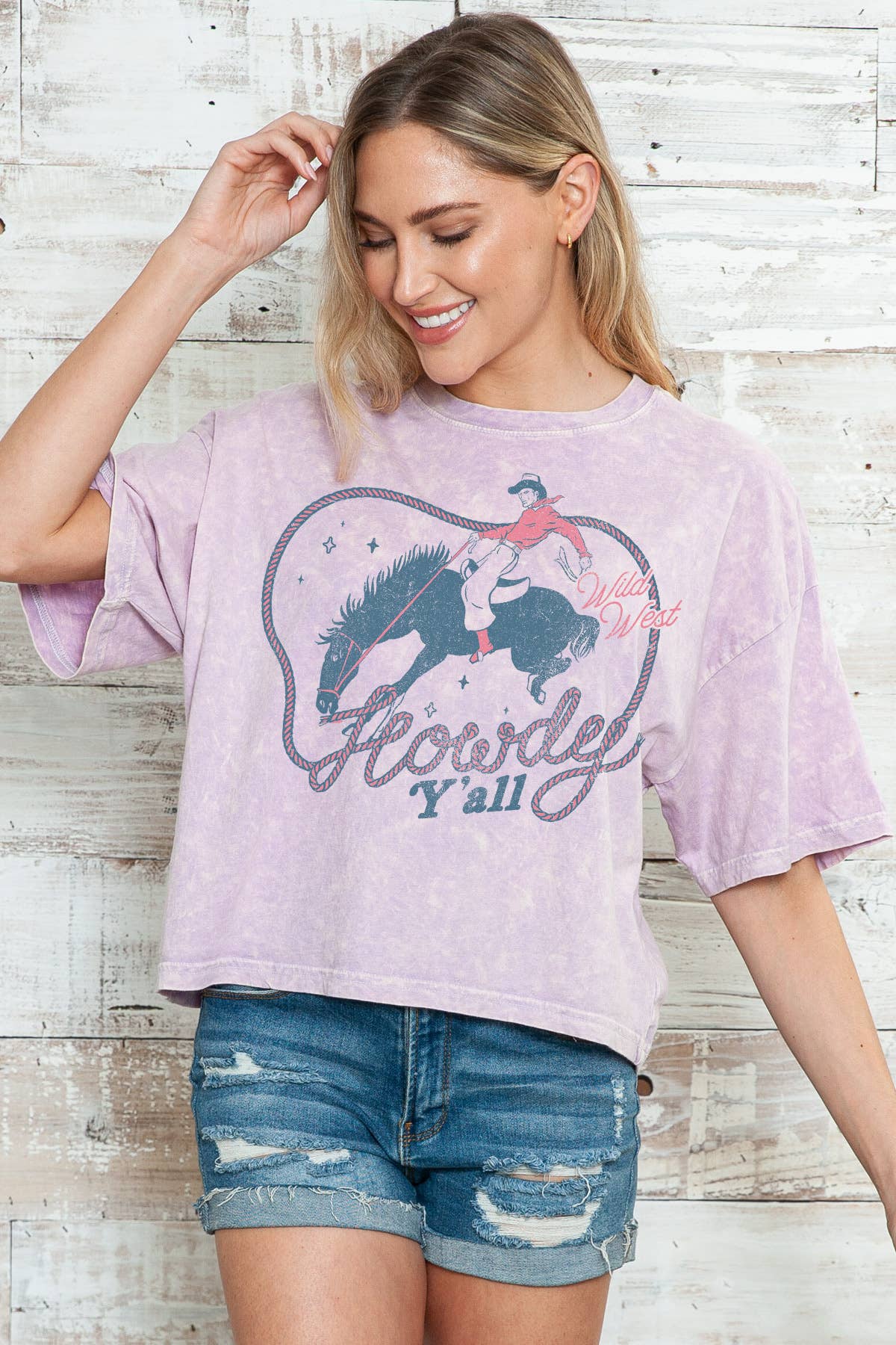 Women Howdy Graphic Print Mineral Wash Crop Top