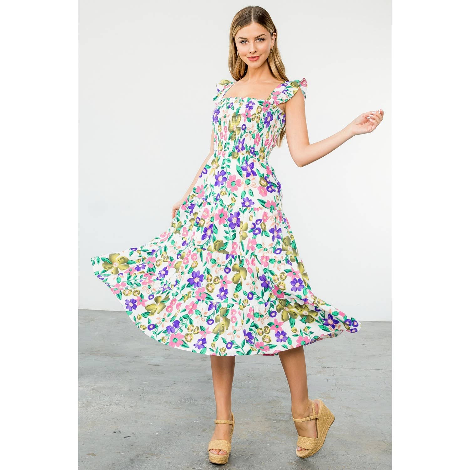 Flower Smocked Midi Dress
