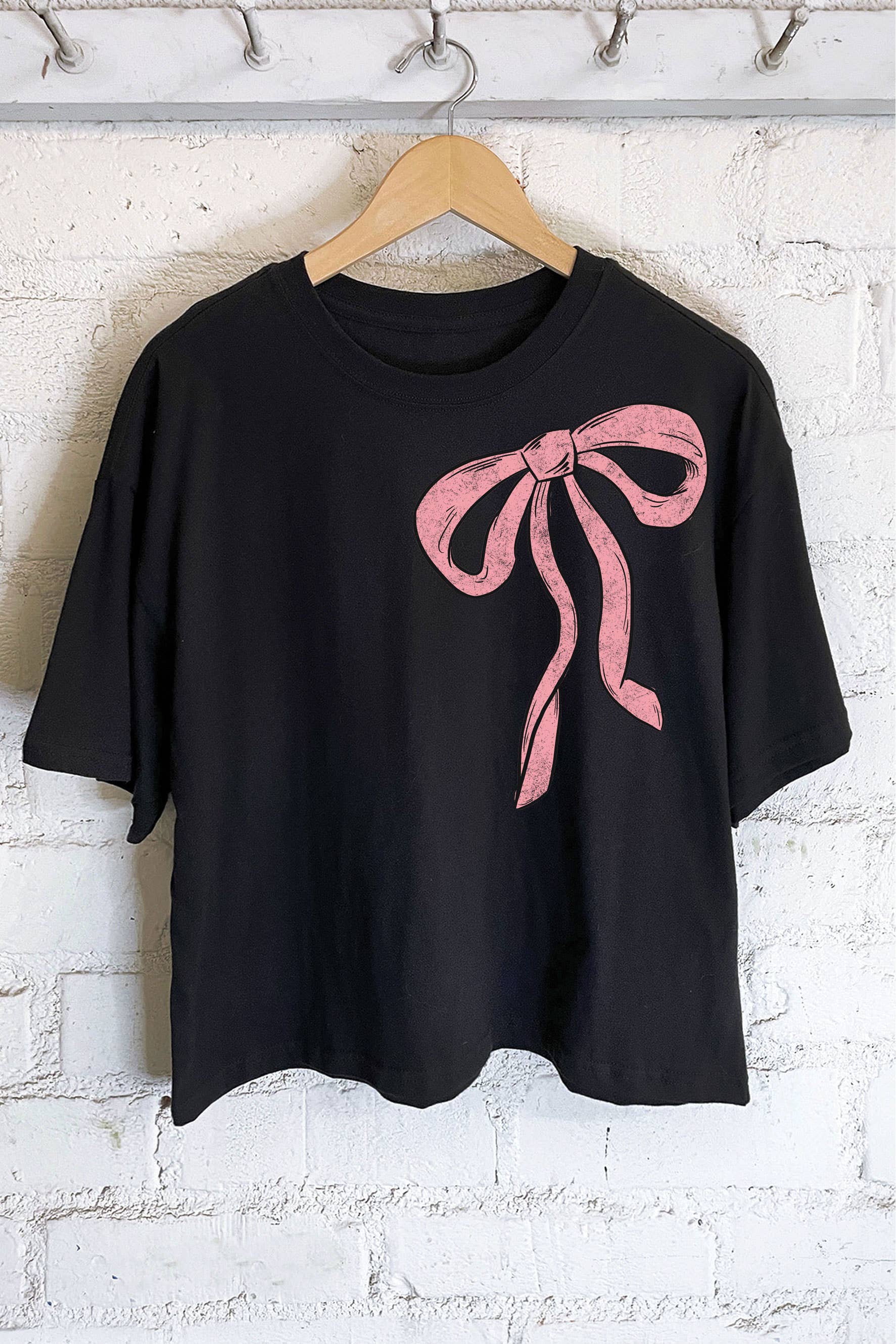 Couquette Pink Ribbon Graphic Long Crop Top