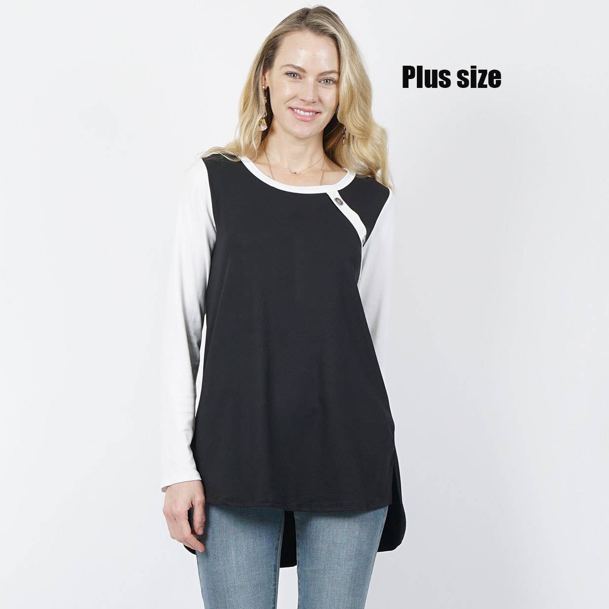 ..SI-12090 Plus Size Solid Long Sleeve with Button Detail On One Si