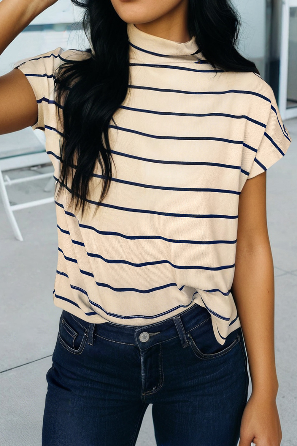 Stripe Mock Neck Short Sleeve Loose Top (S-Xl)