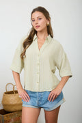 Pinstripe Collared Button Down Wide 3/4 Sleeve Top
