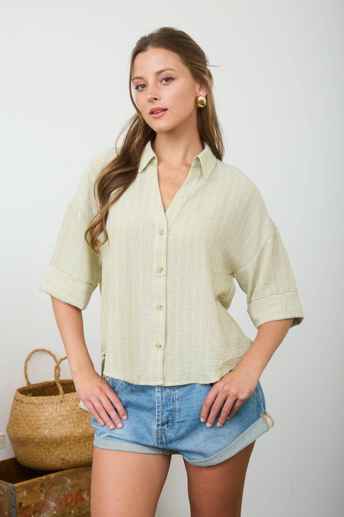 Pinstripe Collared Button Down Wide 3/4 Sleeve Top