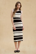 Stripe Sleeveless Crochet Knit Midi Dress