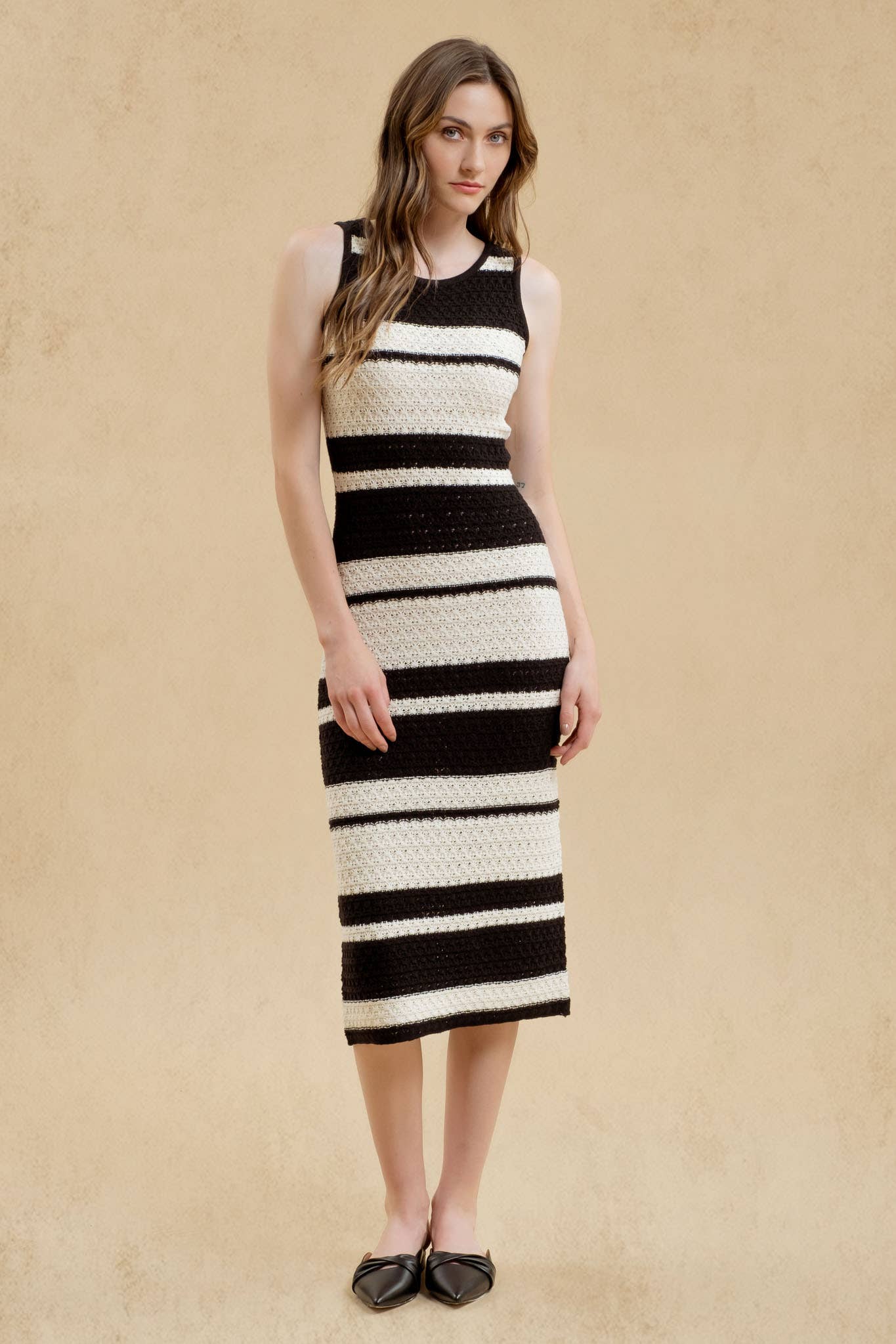Stripe Sleeveless Crochet Knit Midi Dress