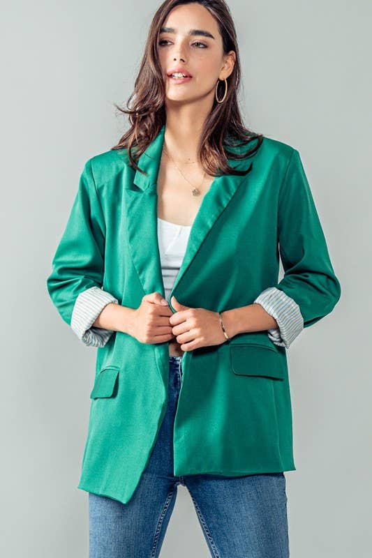 Open Front Stripe Lining Long Blazer Jacket