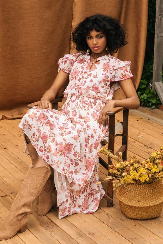 Floral Printed Tie Neck Midi Dress