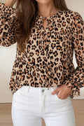 Leopard Print Tie Front Long Puff Sleeve Blouse (S-Xl)