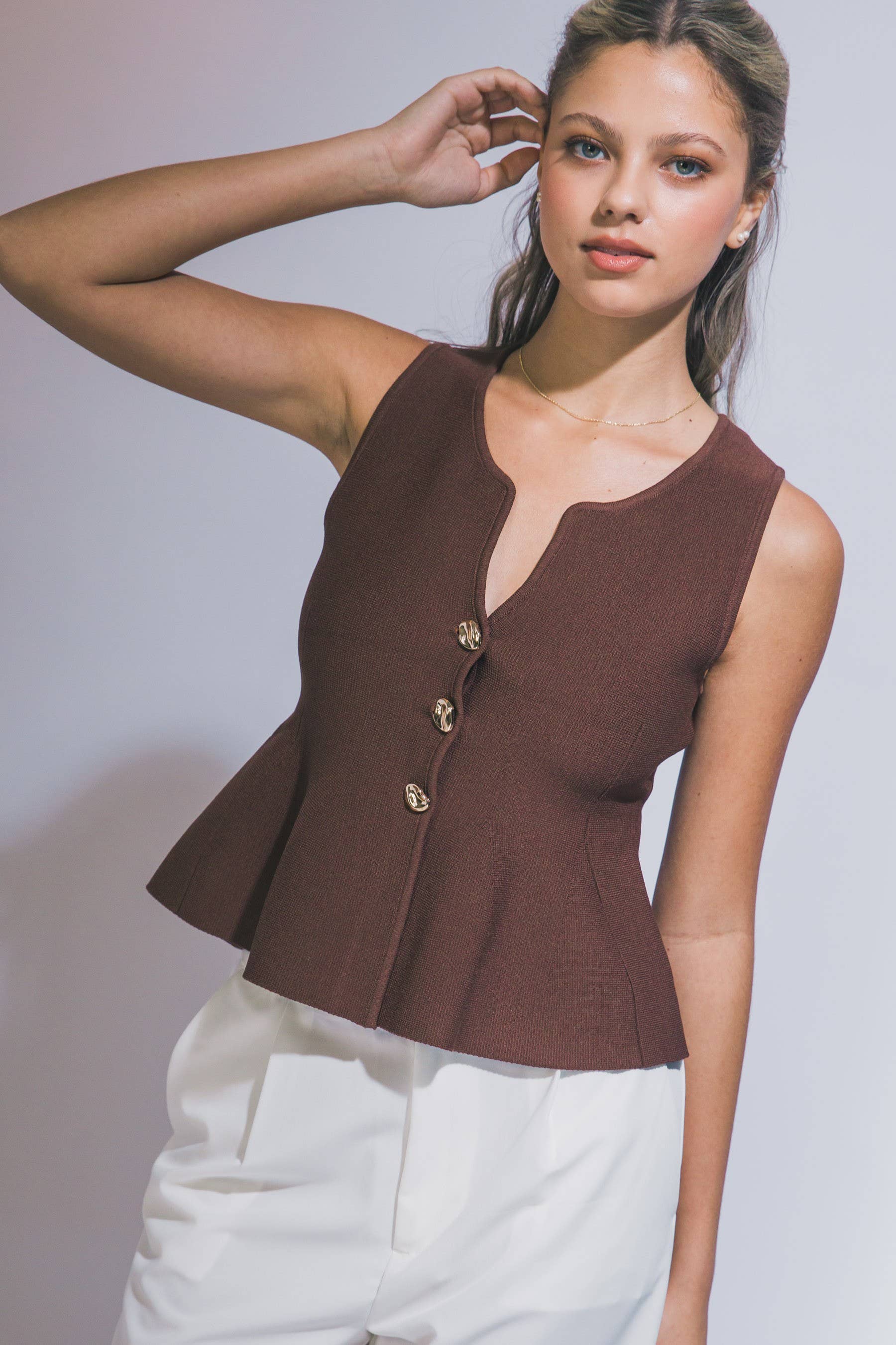 0212 Peplum Button-Front Knit Top SI-29497