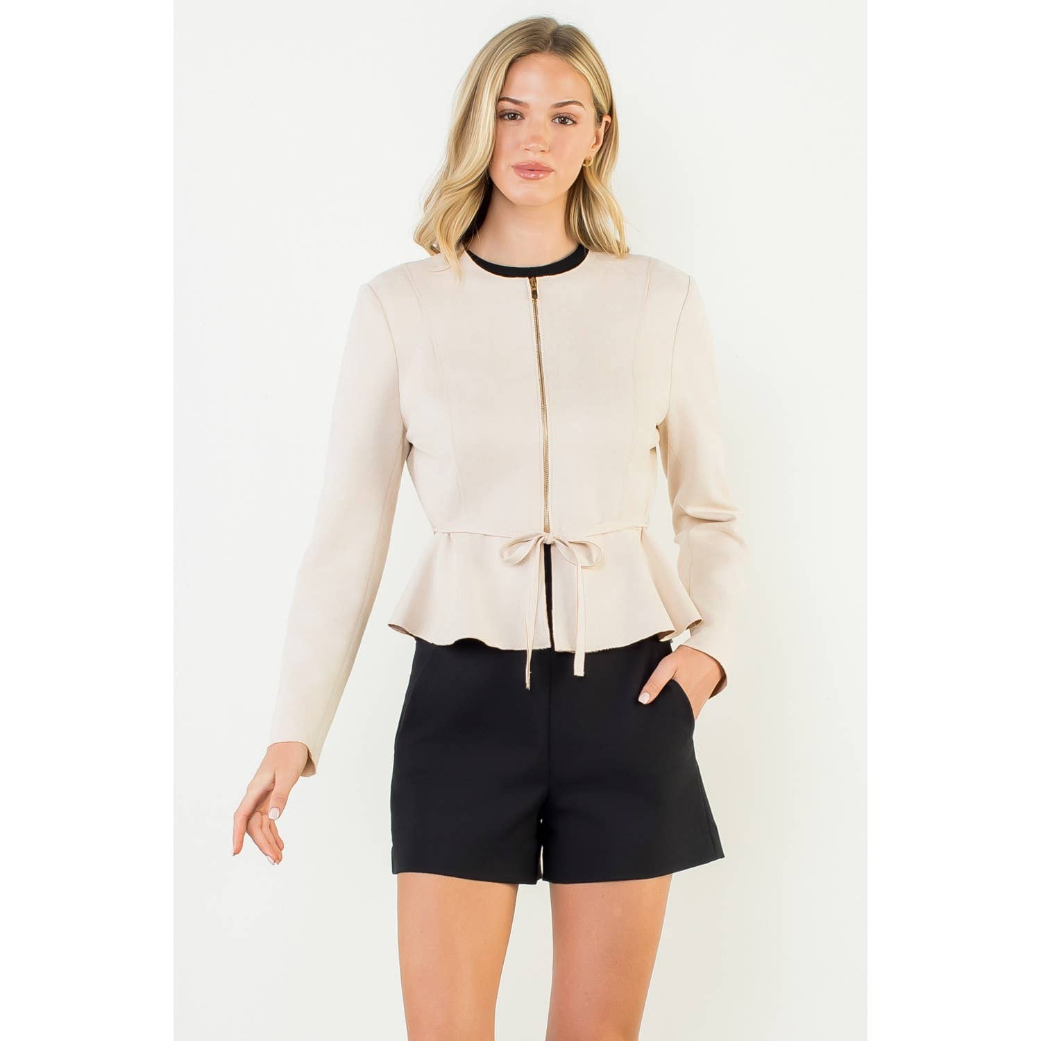 Zip Front Belted Peplum Suede Jacket