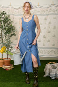 Sweetheart Sleeveless Button Down Denim Midi Dress