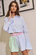 T2472 Striped Seersucker Crop Shirt Top